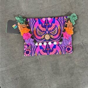 Cherr Embroidered Boho Tassel Clutch - Purple Multi